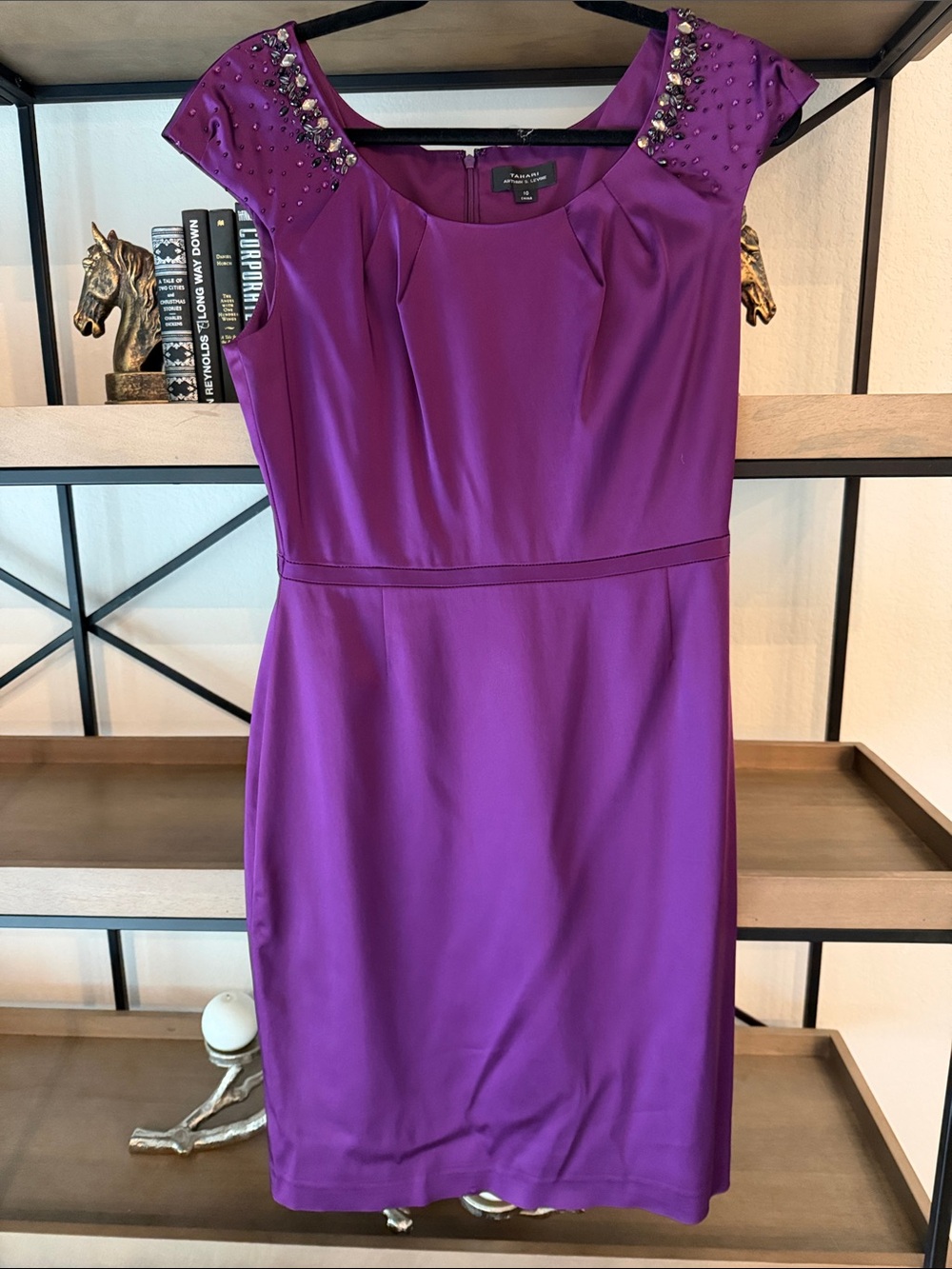 Tahari ASL Purple Embellished Cap-Sleeve Midi Dress